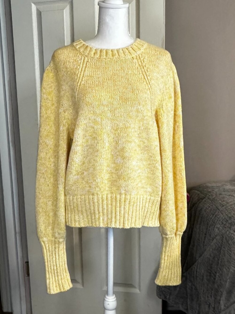 Elie Tahari Marled Cotton Puff Sleeve Chunky Knit Sweater Yellow Cream L EUC